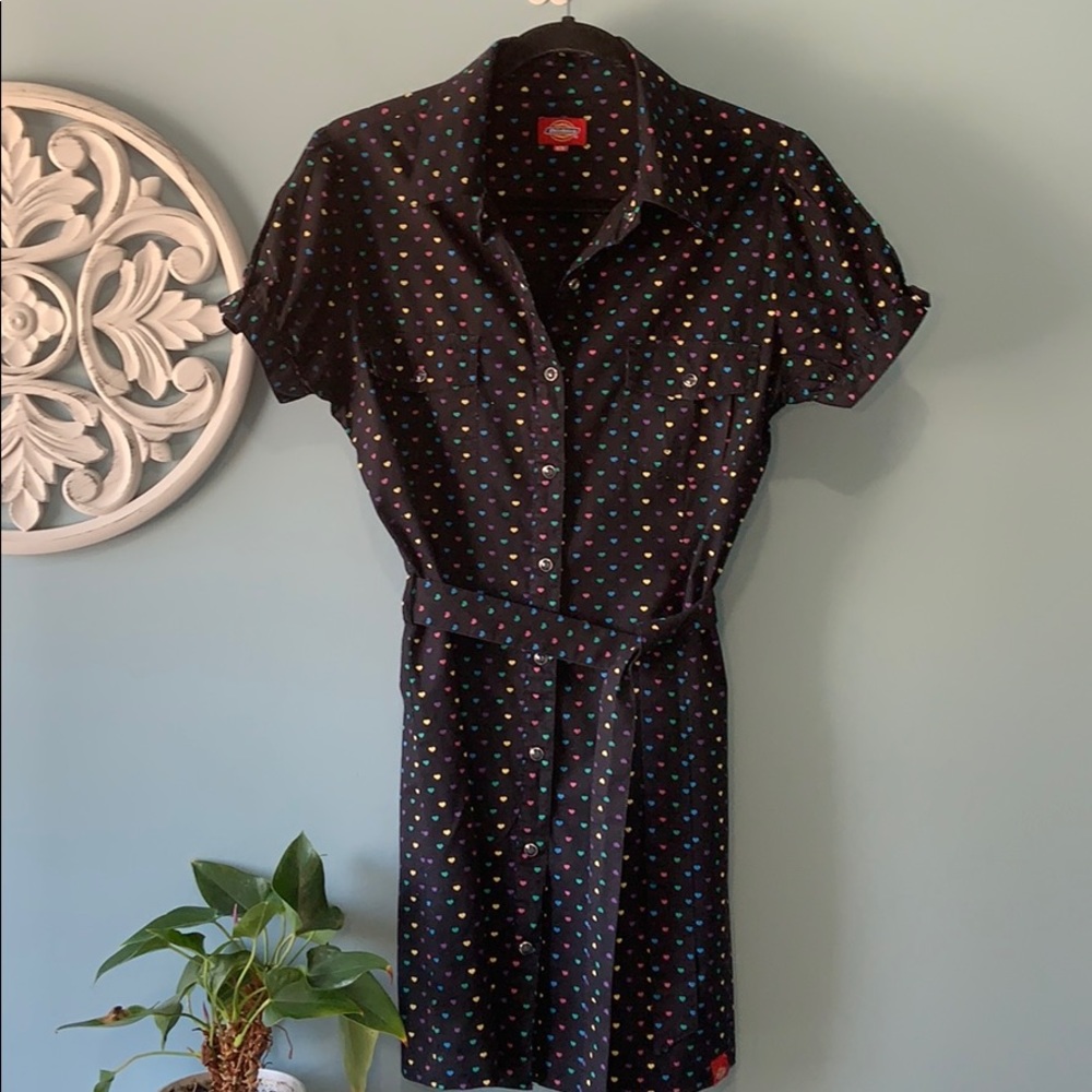 Dickies Black Shirt Dress with Multicolor Heart Dots